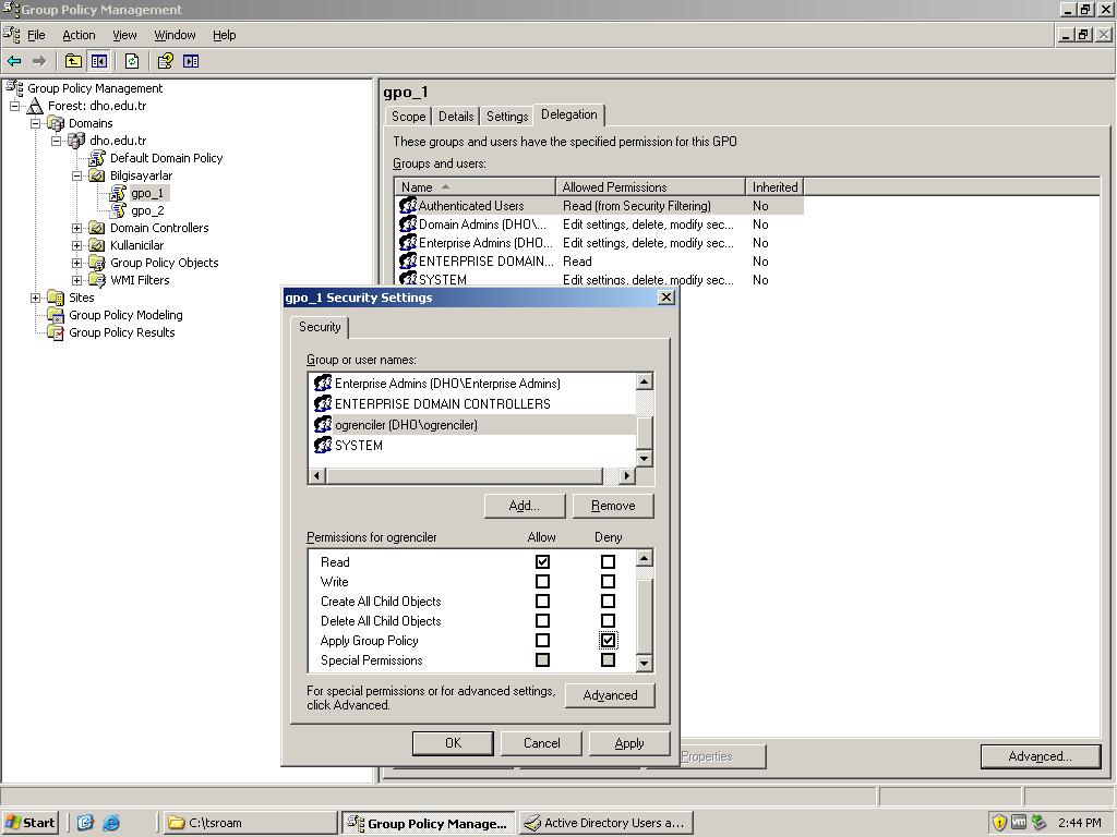 GPO yu uygulamak istemediğimiz grubu yukarıdaki gibi ekleyip Apply Group Policy de Deny işaretlememiz yeterli olacaktır. DİKKAT!
