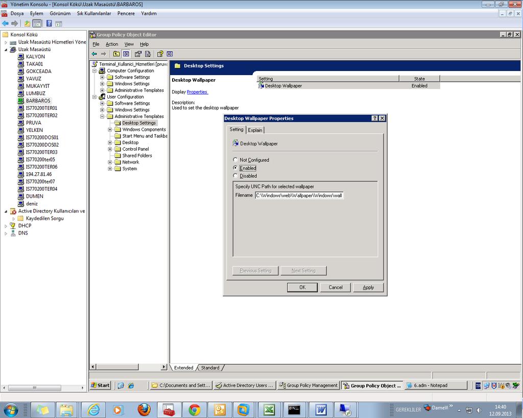 Administrative Templates e ekleme yapıldıktan sonra yukarıdaki gibi Desktop Settings ayarını eklemiş oluruz.