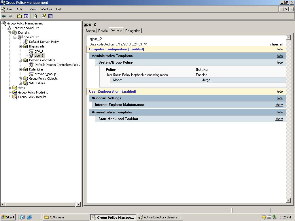 GPO larda çakışmaları önlemek için yukarıdaki gibi Computer Configuration ayarları altında User Group Policy Loopback Processing Mode ayarı mevcuttur.bu ayarın iki modu vardır.