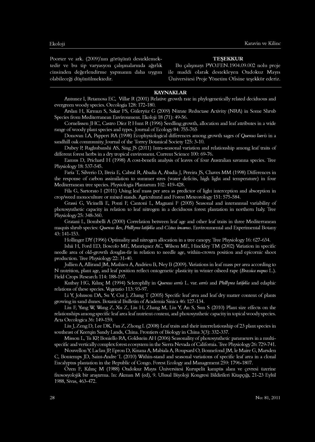 KAYNAKLAR Antunez I, Retamosa EC, Villar R (2001) Relative growth rate in phylogenetieally related deciduous and evergreen woody species. Oecologia 128: 172-180.