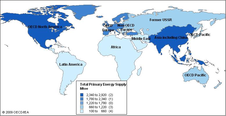 Dünya Birincil Enerji Tüketimi 2006 Asya, özellikle Çin ve Hindistan ile Amerika
