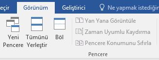 Word Pencereleri Görünüm sekmesi altında yer alan Pencere grubu pencere işlemlerinin yapıldığı seçenekleri içerir. Bu grup altında yer alan komutlar aşağıdaki görevleri yerine getirir; 1.