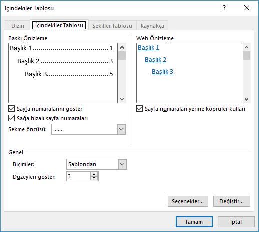 Açılan İçindekiler Tablosu penceresinden Genel bölmesi altında yer alan Biçimler ve Düzeyleri göster seçenekleri ile kendi stilinizi oluşturup, tamam düğmesine