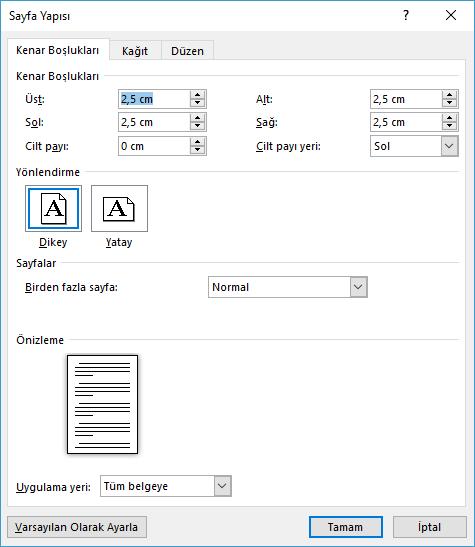 Sayfa kenar boşluklarını ayarlamak için; Sayfa Düzeni sekmesi - Sayfa Yapısı grubu - düğmesi tıklanır, Açılan hazır listeden uygun