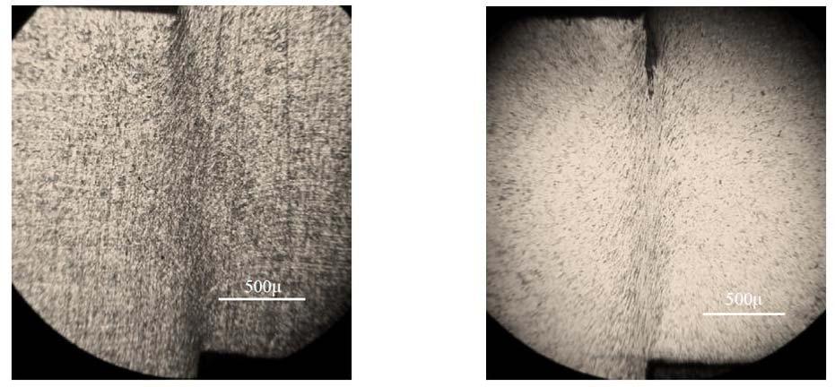 AISI 304 paslanmaz çelik malzeme için 0,1 m/s ve 10 m/s zımba hızı altında, tam kopma gerçekleşmeden çekilen ve adyabatik kesme bölgesi oluşumunun (bantlarının) görülebileceği mikroskop görüntüleri