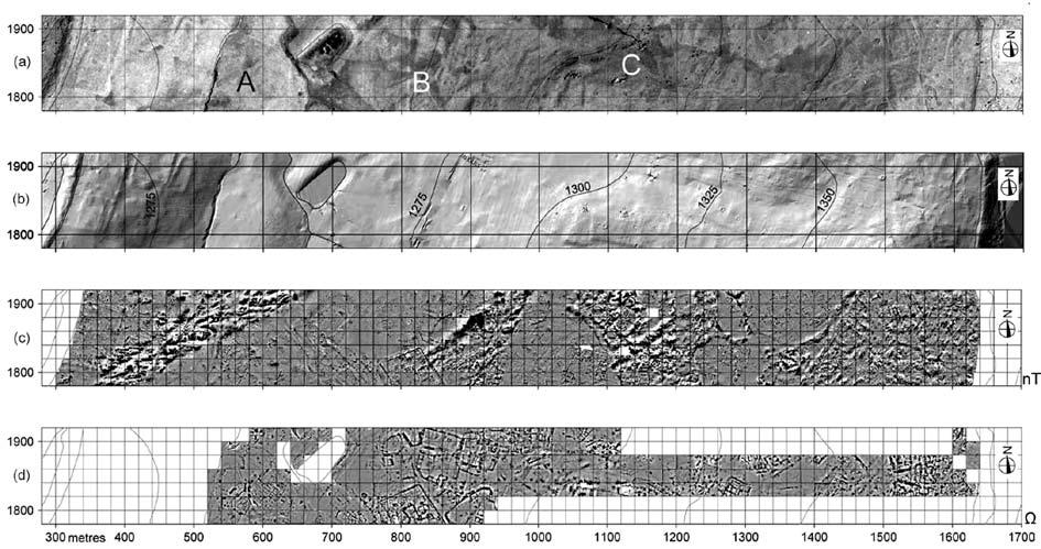 94 Yerbilimleri Figure 8. (a) Mosaic of rectified balloon photographs, (b) TIN model made from differential GPS data, (c) gradiometer survey image and d) electric resistance survey image. Şekil 8.