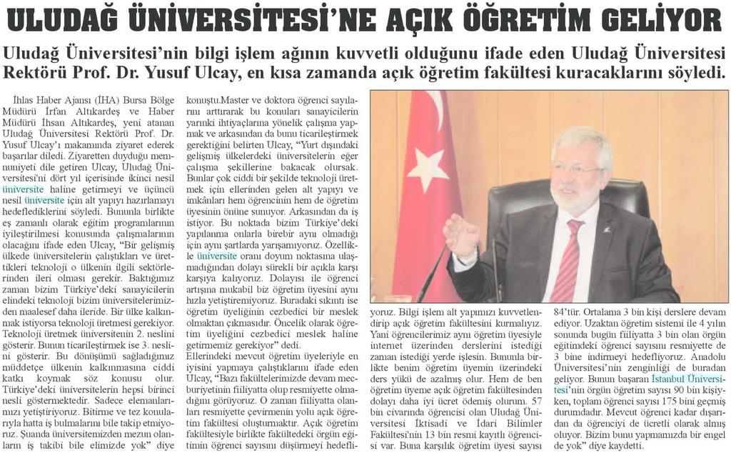 ULUDAG ÜNIVERSITESI NE AÇIK ÖGRETIM GELIYOR Yayın Adı : Haber Tavsanlı Gazetesi