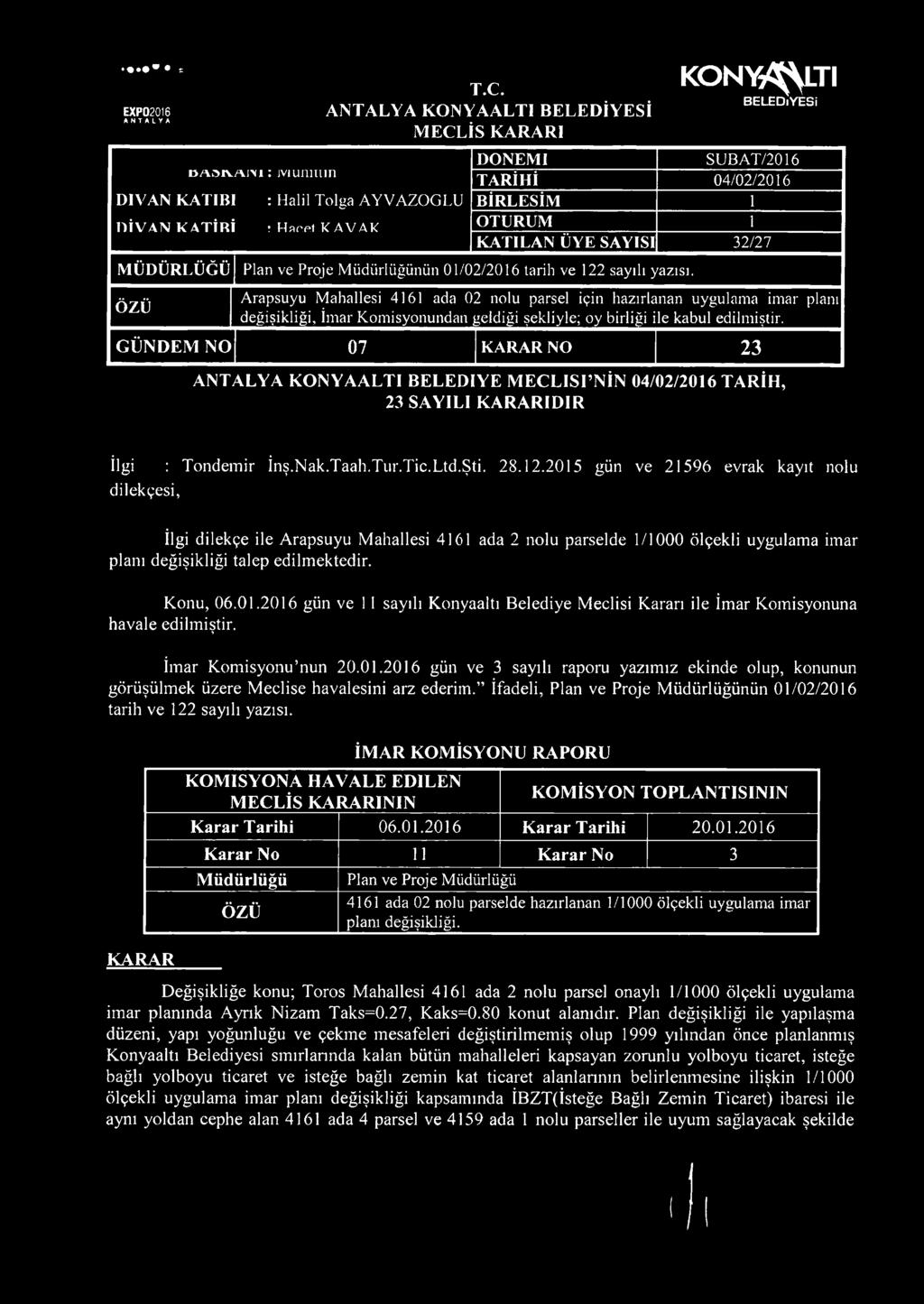 Hnppt k a va k OTURUM 1 KATILAN ÜYE SAYISI 32/27 MÜDÜRLÜĞÜ ÖZÜ Plan ve Proje Müdürlüğünün 01/02/2016 larih ve 122 sayılı yazısı.