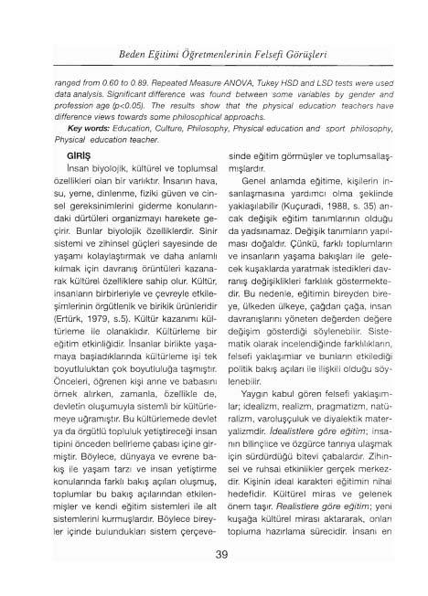 Beden Eğ it imi Öğretm enlerinin Felsefi Görüşleri ranged from 0.60 to 0.89. Repeated Measu re ANOVA, Tukey HSD and LSD tests were used data analysis.