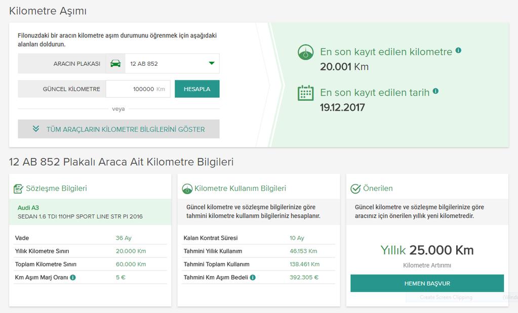 Dilerseniz Tüm Araçların Kilometre Bilgilerini Göster butonuna tıklayarak tüm araçlarınıza ait aşağıdaki bilgileri kontrol edebilirsiniz.