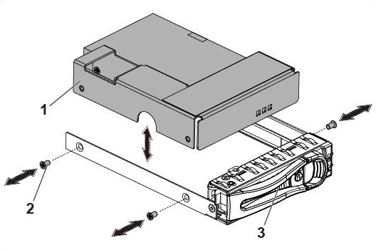 4. Adaptör aksamını 3,5 inç sabit sürücü taşıyıcısına vidalarla sabitleyin. Rakam 26. Sabit sürücü taşıyıcısından adaptör aksamının çıkarılması ve takılması 1. adaptör aksamı 2. vida (3) 3.