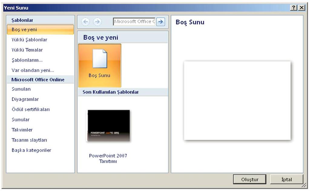 2.1. Yeni Sunu Açmak Office düğmesini kullanılarak