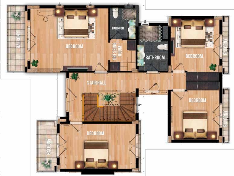 SECOND FLOOR Bedroom :23,54 M² Dresing Room :4,49 M² Bathroom :3,80 M² Bedroom :14,57 M² Bedroom :14,72 M² Bedroom