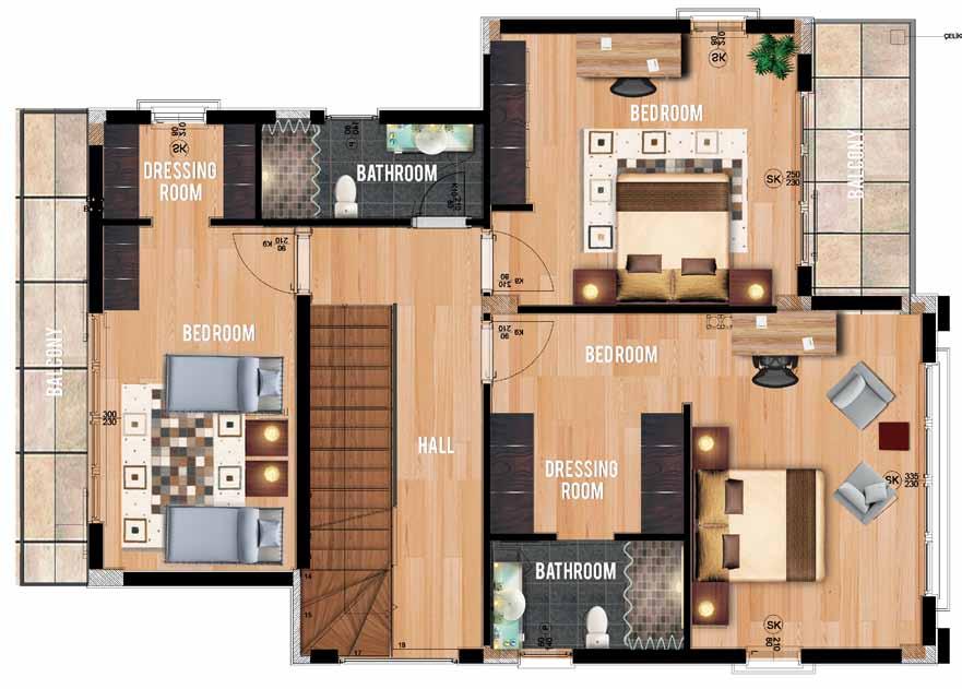 Second FLOOR Bedroom :21,05 M² Dresing Room :6,02 M² Bathroom :4,46 M² Bedroom :17,13