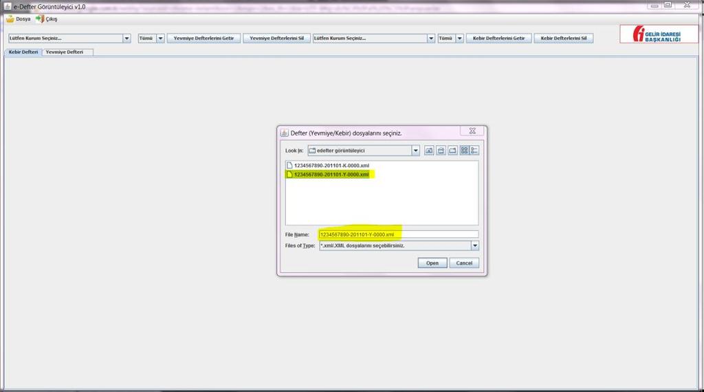 Dosya sekmesi------defterleri yükle-----: Defter parçasının bulunduğu klasör seçilir ve defter parçası seçilir. Klasör içinde sadece Y veya K ibareli yevmiye veya kebir defter parçaları görünür.
