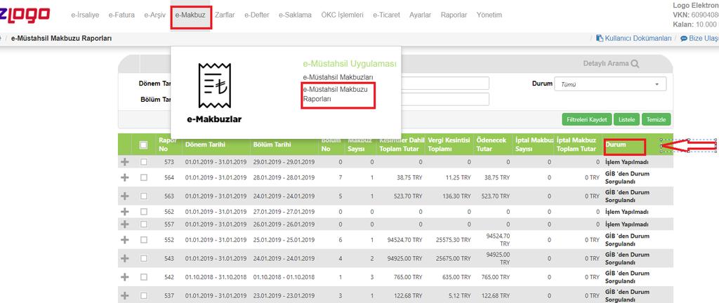 Özel Entegratörlük Sayfasında e-müstahsil Makbuzu ; Özel entegratörlük Portal sayfasında Makbuzlar menüsü.