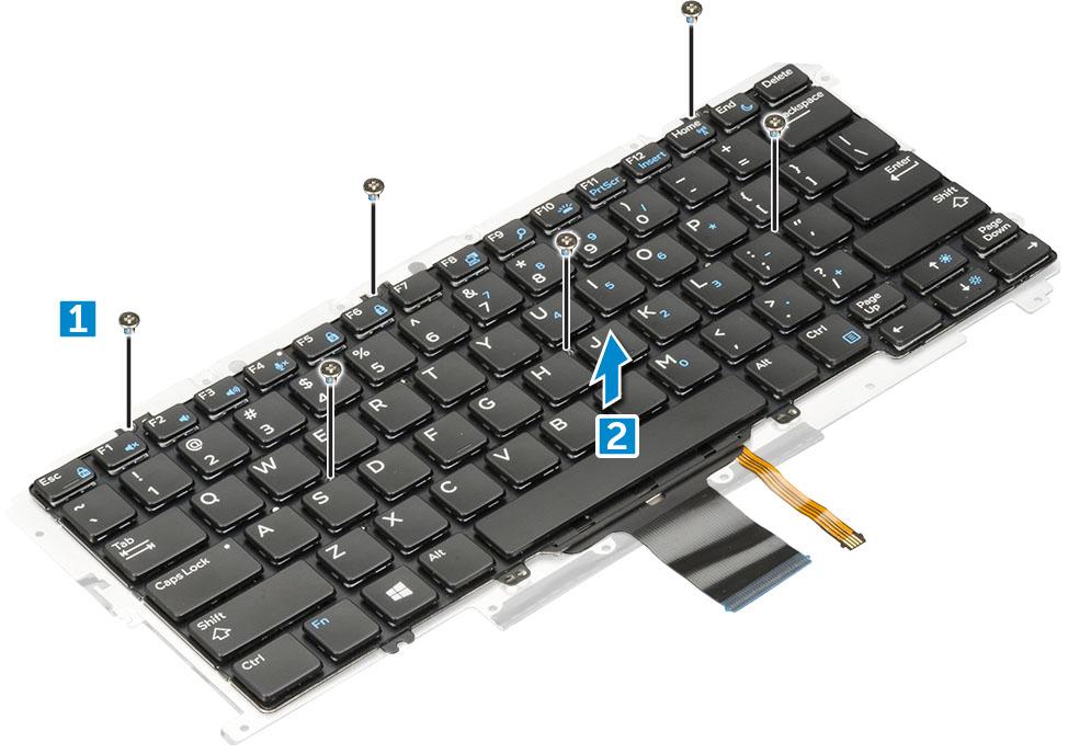 Klavyeyi klavye tepsisine takma 1 Klavyeyi, klavye tepsisindeki vida tutucuları ile hizalayın. 2 Klavyeyi, klavye tepsisine sabitlemek için M2,0 x 2,0 vidalarını sıkın. 3 Klavyeyi takın.