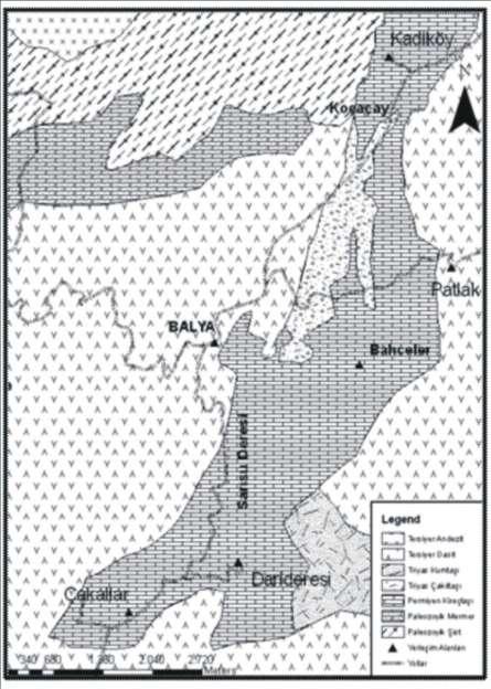 Şekil 3.3 : Çalışma alanına ait jeoloji haritası (Akyol, 1976). 3.6 Balya Cevher Oluşumları Bölgedeki cevher oluşumu genellikle dasit-kireçtaşı dokanağında kontakt pirometasomatik ve kireçtaşının çatlaklarında hidrotermal damar türündendir.