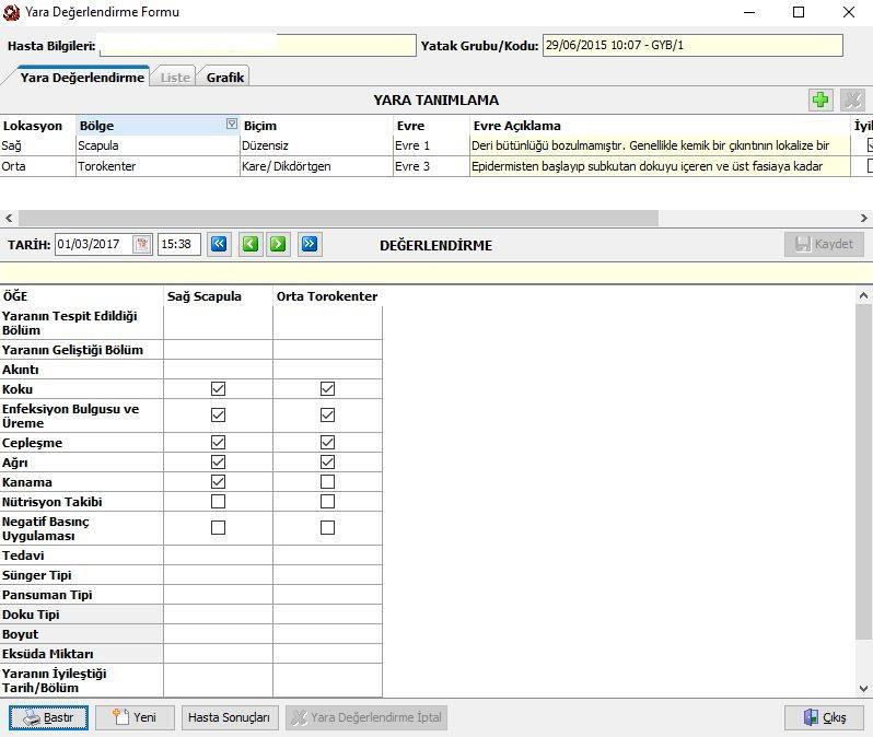 Yara Değerlendirme ekranında yatan hastaların yara takibi yapılır.