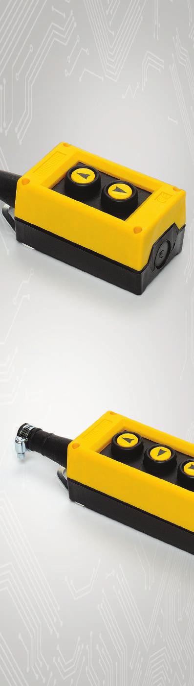 Vinç Grubu Ürünler Crane Products PVK Serisi Plastik Vinç Kumanda Kutuları Ø22 mm çaplı butonlara uygun Cam Elyaf katkılı plastik gövde sayesinde mekanik darbelere tam dayanım Oklu etiketler