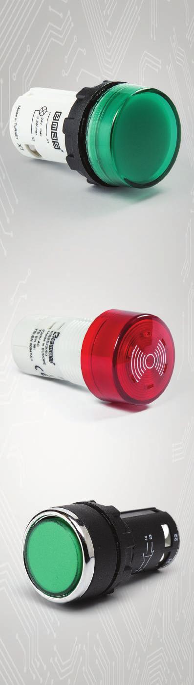 Kumanda Butonları ve Sinyal Lambaları Control Units and Pilot Lights MB Monoblok Serisi Ø 22mm Kumanda Butonları Maksimum güvenlik için parmak koruma Darbe dayanıklı polikarbonat buton lensi Farklı