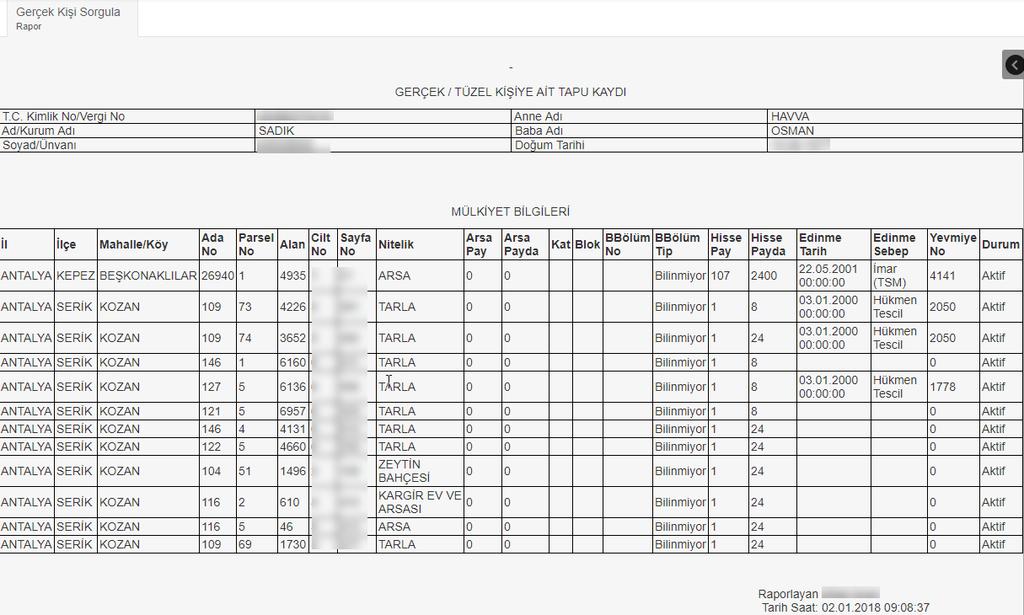 Şekil 25. Türkiye Geneli Sorgu Listesi Gerçek Kişi Tapu Kaydı Örneği 2.1.4.