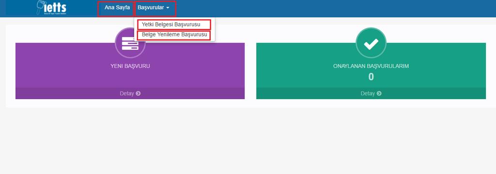1.3. BAŞVURU İŞLEMLERİ: Yetki belgesi başvuru işlemleri için sisteme başarılı bir şekilde giriş yapıldıktan sonra; YENİ