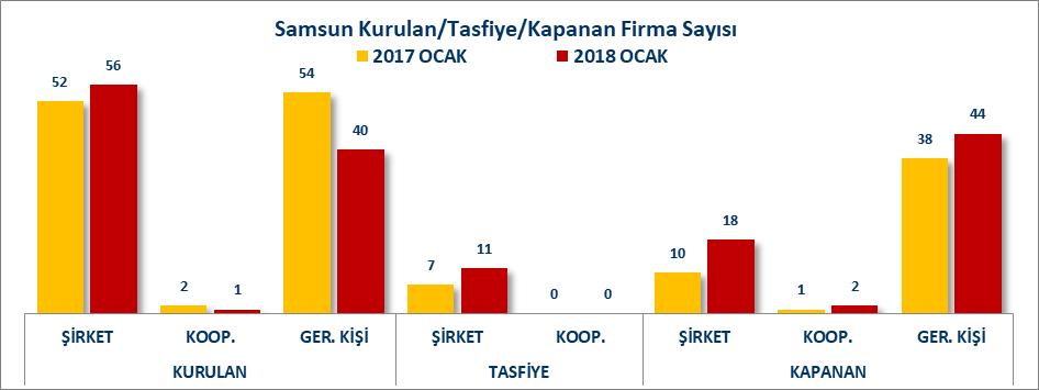 Samsun ilinde 2018 yılı Ocak ayında, 56 şirket, 1 kooperatif, 40 gerçek kişi ticari işletme kurulmuş, 18 şirket, 2 kooperatif, 44  2018 yılı Ocak ayında Samsun ilinin kurulan şirket sayısı payı %0.