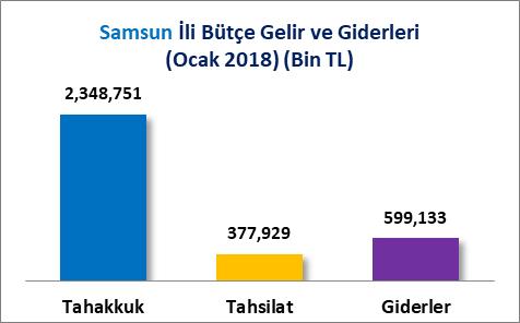 Türkiye de toplam 58 Milyar 204 Milyon 764 Bin TL gelir tahsilatı yapılan 2018 Ocak ayında Samsun ili 377 Milyon 929 Bin TL gelir tahsilatı ile 12 nci sırada yer almıştır.