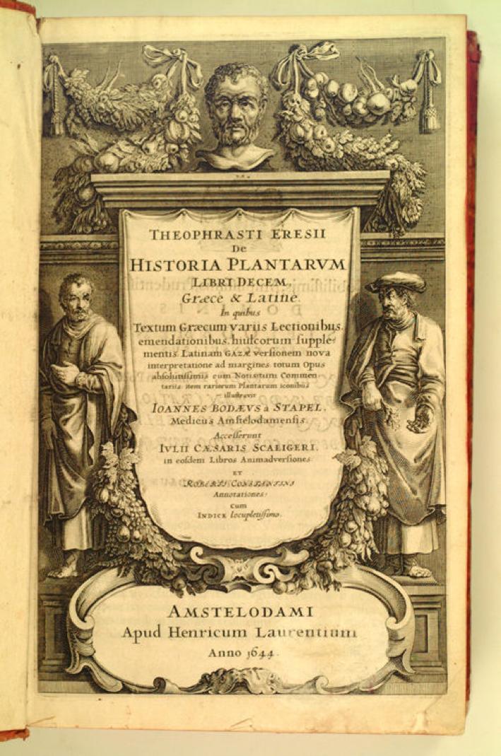 Theophrastos un Bitkiler Tarihi ni yorumlayan, Latince yazılmış ve Gotik harflerle basılmış bir kitap.