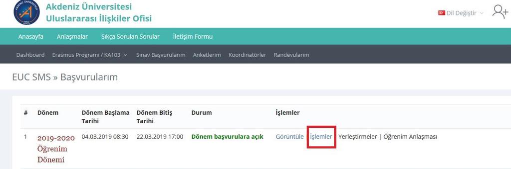 6. Geçerli bir Yabancı Dil Belgeniz varsa dil notunuzu başvuru formuna girdikten ve başvurunuzu tamamladıktan sonra Erasmus+ Programı/KA103 Başvurularım menüsünden başvurduğunuz dönemin yanındaki