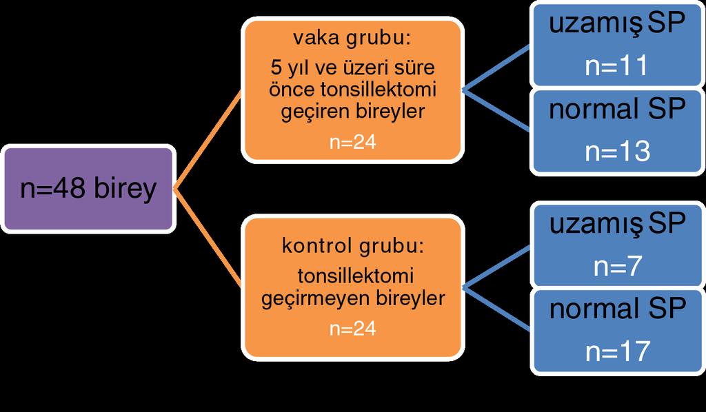 Vaka ve kontrol grubunun sağ-sol SP uzunluk değerleri En az bir tarafta uzamış SP görülmesi durumu, vaka ve kontrol grubu arasında anlamlı fark göstermemiştir (p=0.233).