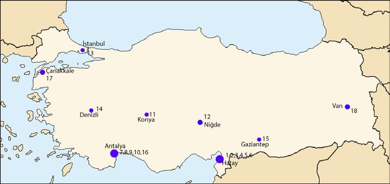 tarihlendirilen önemli buluntu alanları tespit edilmiştir (Harita 1) (Lebatard ve diğerleri 8-18; Sagona ve Zimansky; Baykara ve diğerleri 539-552).