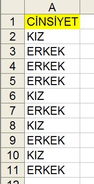 ÖRNEK-1 Yandaki Excel çalışma sayfasında; 1. Kız öğrenci sayısını bulmak için; =EĞERSAY(A2:A11; KIZ ) fonksiyonu kullanılır işlem sonucu 4 olarak gerçekleşir. 2.