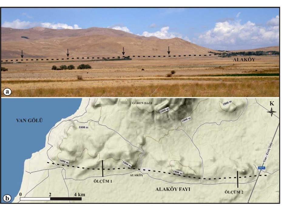 Alaköy Fayı üzerinde gözlenen topografik eğim kırılması (Alaköy batısı); (a) arazi fotoğrafı, (b) Google Earth kabartı haritası.