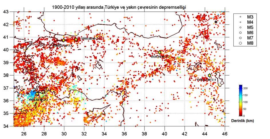 138 Yerbilimleri Şekil 2. Türkiye ve yakın çevresinin depremselliğini gösteren harita.