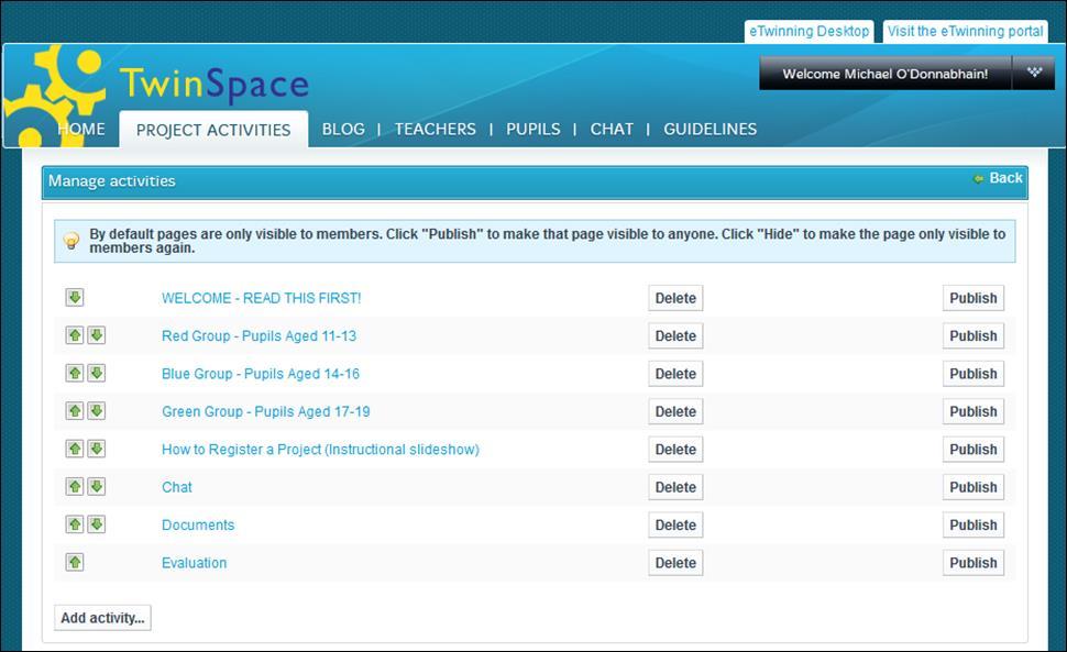 TwinSpace Bilgi yaymaya yönelik Araçlar Yayınlama aracını, Aktivite sayfalarınızın herhangi birisini yayınlamak için