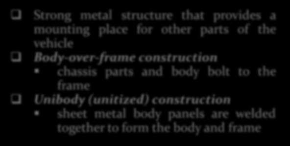 unibody (or monocoque) Strong metal structure that provides a mounting place for other parts of the vehicle Body-over-frame construction