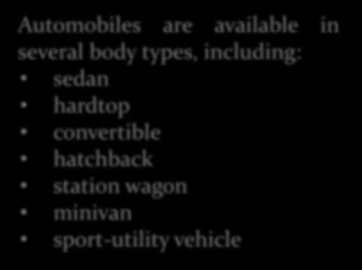 Body Types Automobiles are available in several body types, including: sedan hardtop convertible hatchback