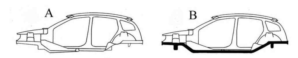 B) Body on frame, where the chassis frame is connected to upper body frame by bolts with or without the inter-position of rubber bushes.