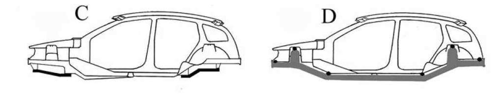 C) Body with ancillary subframes, for powertrain and suspension systems; connections between the subframe and the body can be either rigid or through elastic bushes.