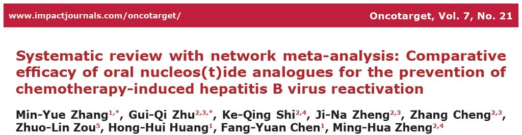 52 çalışma, 3892 hasta, HBV reaktivasyonuna karşı antiviral tedavi Tüm antiviraller proflaksi uygulanmayan koldan üstün bulunmuş odds ratio (OR) 0.00 (95% confidence interval [CI] 0.00~0.