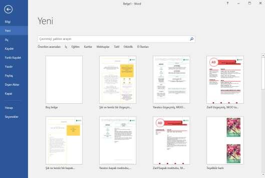 Yeni Bir Belge Oluşturmak Yeni bir belge oluşturmak için sırasıyla aşağıdaki adımlar izlenir; 1. Dosya sekmesine tıklanır, 2. Açılan görünümden Yeni bölümü seçilir, 3.