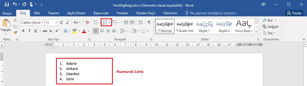 Maddeleri Listelemek (II) Numaralı Listeler: Numaralandırma gerektiren, sıralı öğelerin listesini oluşturmak için numaralandırılmış listeler oluşturulur. Numaralı liste oluşturmak için; 1.