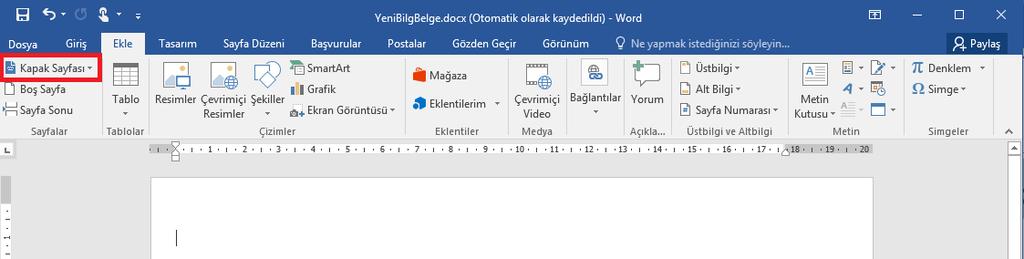 Kapak Sayfası Eklemek Kapak sayfaları, hazırlanan doküman hakkında kısa bilgileri içerir. Örneğin konu, hazırlayan, tarih gibi.