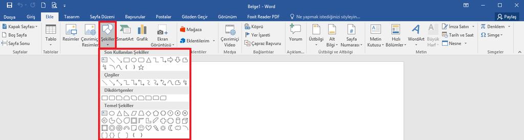 Şekil Eklemek Şekiller eklenerek belgelere görsel zenginlik kazandırılabilir.