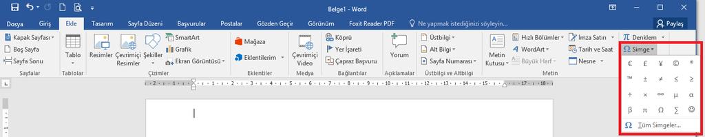 Simge Eklemek Word ile klavyede olmayan bir takım özel karakterler ya da simgeler eklenebilir. Simge eklemek için; 1. Simge eklemek istenilen yere imleç bırakılır, 2.