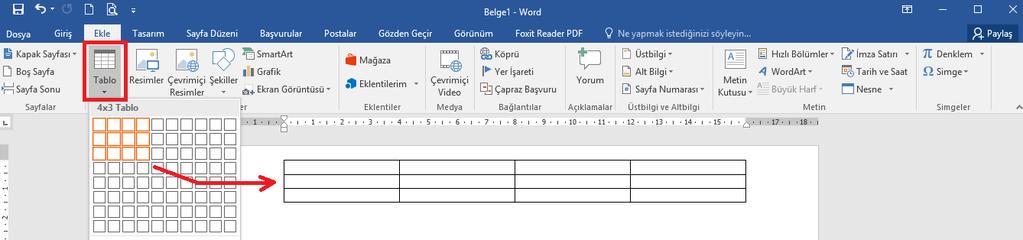 Tablo Eklemek Tablo eklemek için; 1. Tablo eklemek istenilen yere imleç bırakılır, 2. Ekle sekmesi - Tablolar grubu - düğmesi tıklanır, 3.