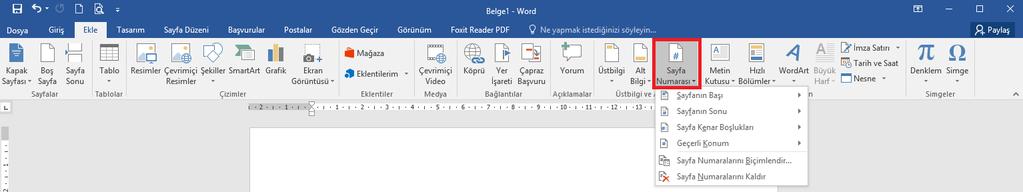 Sayfa Numarası Eklemek Sayfa numarası eklemek için; Ekle sekmesi - Üstbilgi ve Altbilgi grubu - düğmesi tıklanır, Açılan yandaki listeden sayfa numarası için bir konum seçilir.