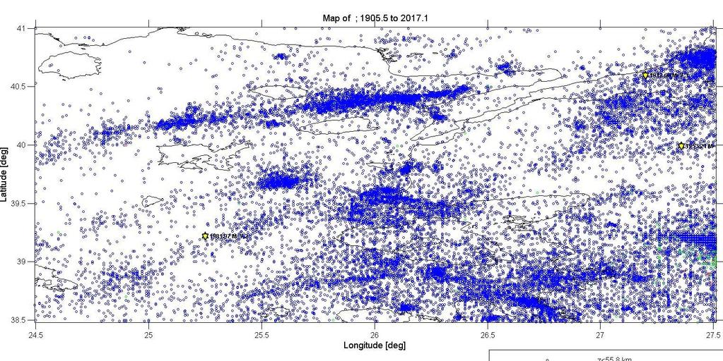 Şekil 2. Çalışmada kullanılan Kandilli Rasathanesi ve Deprem Araştırma Enstitüsü kataloğunda yer alan 1900 sonrası depremlerin çalışma alanı içindeki episantr dağılımları. 2. ŞUBAT 2017 AYVACIK (Çanakkale) DEPREM SİLSİLESİ Şubat 2017 Ayvacık deprem silsilesi 6 Şubat 2017 saat yerel saatle 06:51 de Mw=5.